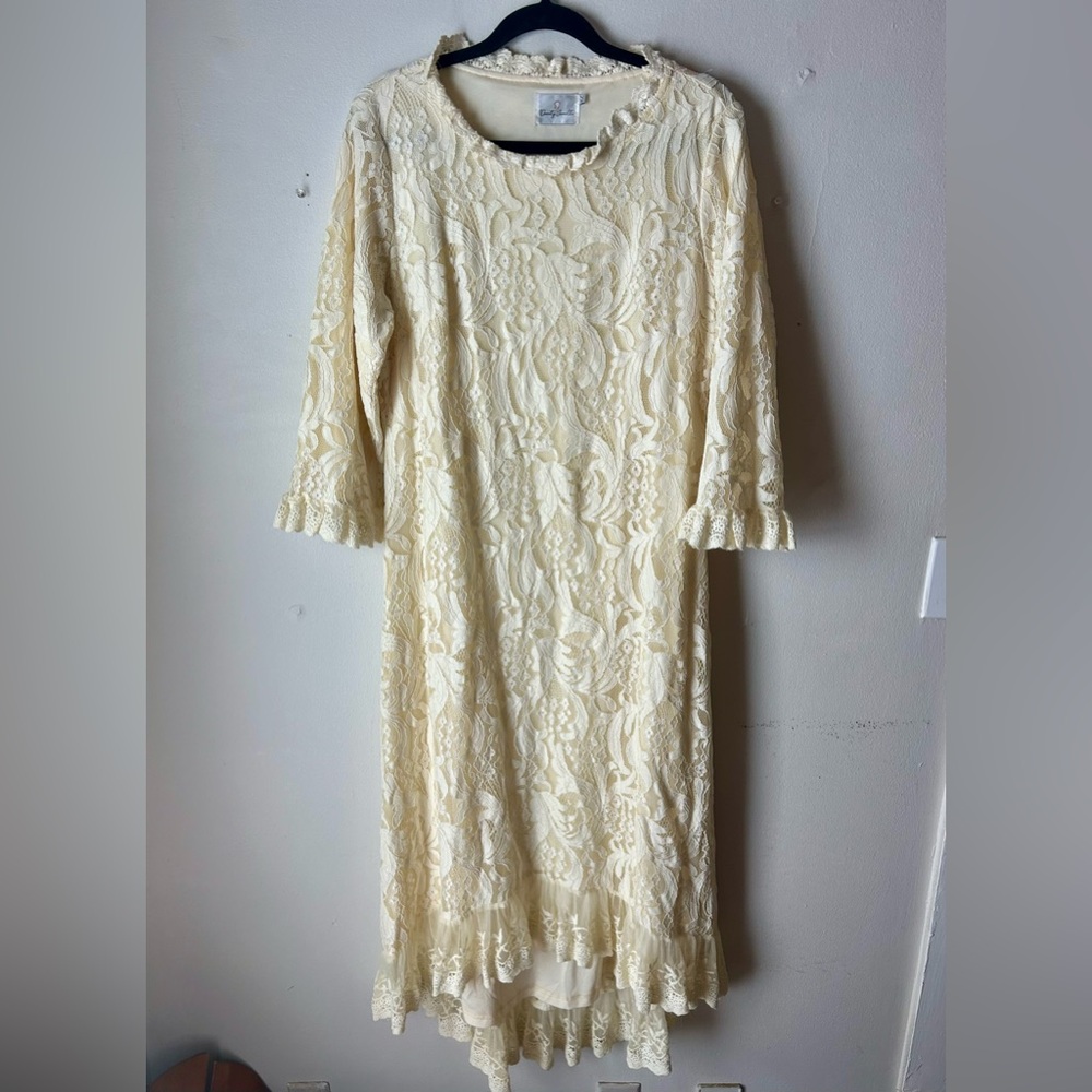 Dainty Jewells Cream Ruffled Gown with Bishop Sleeves